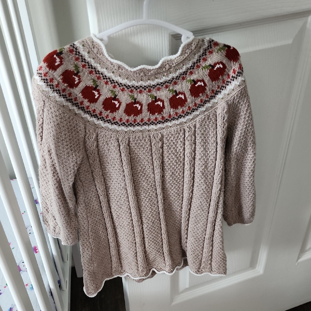 12 Month Beige Sweater Dress with Apple Pattern